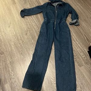 Denim pintuck jumpsuit wide leg
